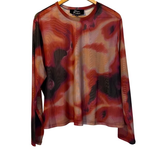 Nina Parker Sheer Long Sleeve Multicolor Mesh Top 3X Fall Autumn Stretch Artsy - Picture 1 of 3